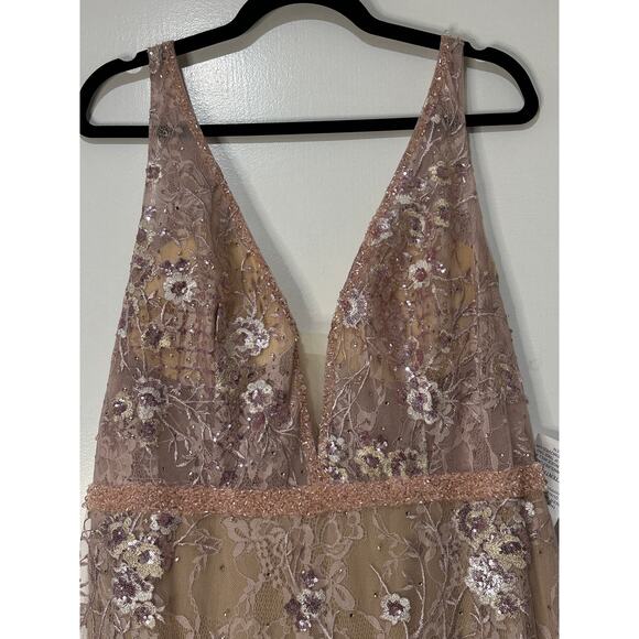 Mac Duggal Pink Floral Embellished Sleeveless Plunge Neck Gown Size 14 NWT 67481 - Picture 3 of 16